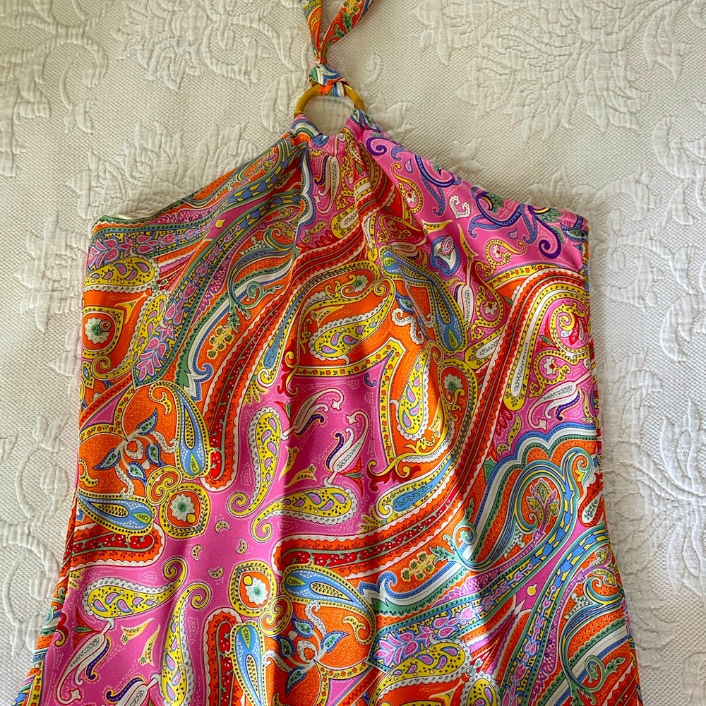 Silk halter top with bamboo ring.